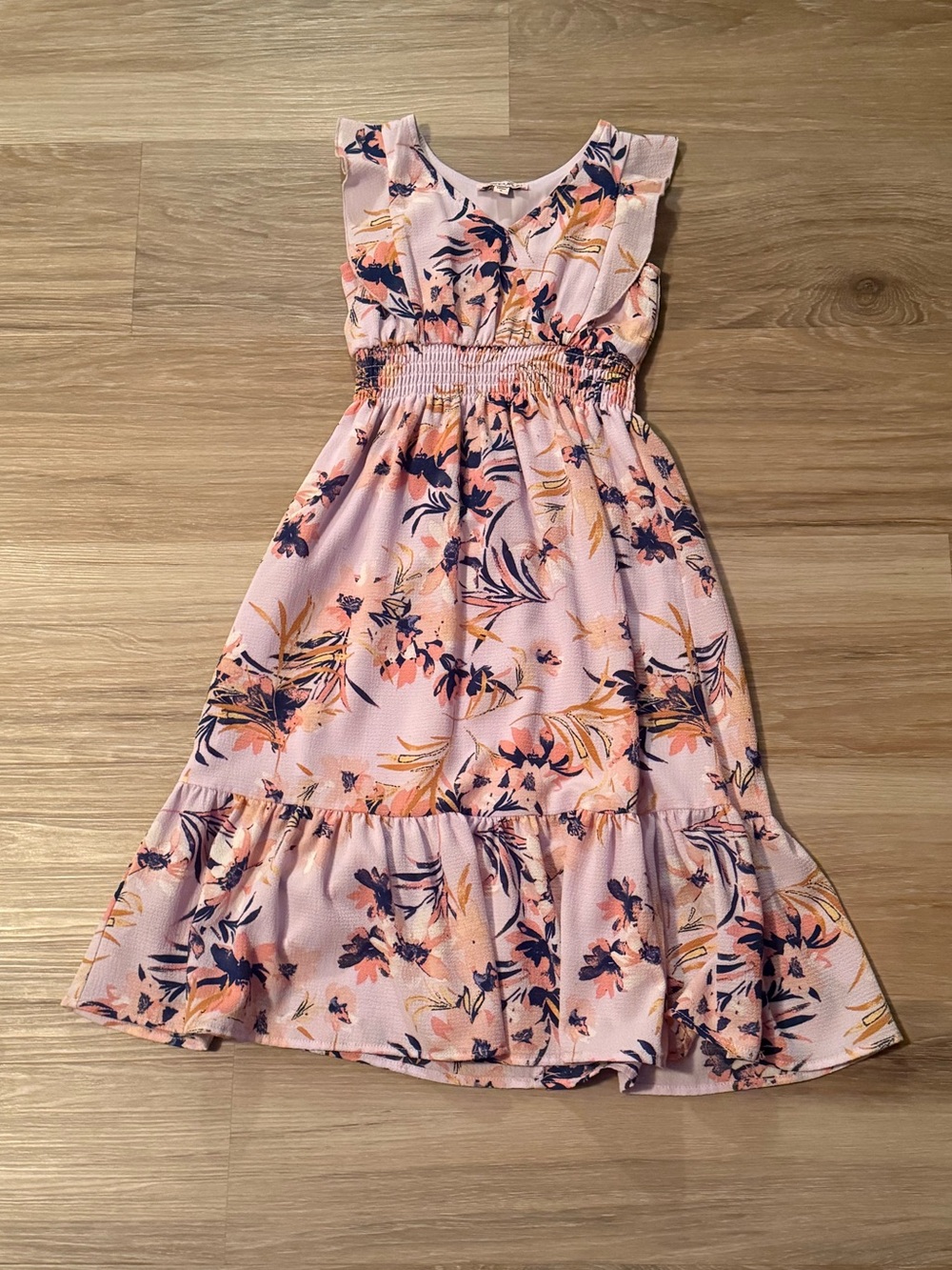 Chenault Girl | Floral Print Dress in Peach, Navy & Yellow